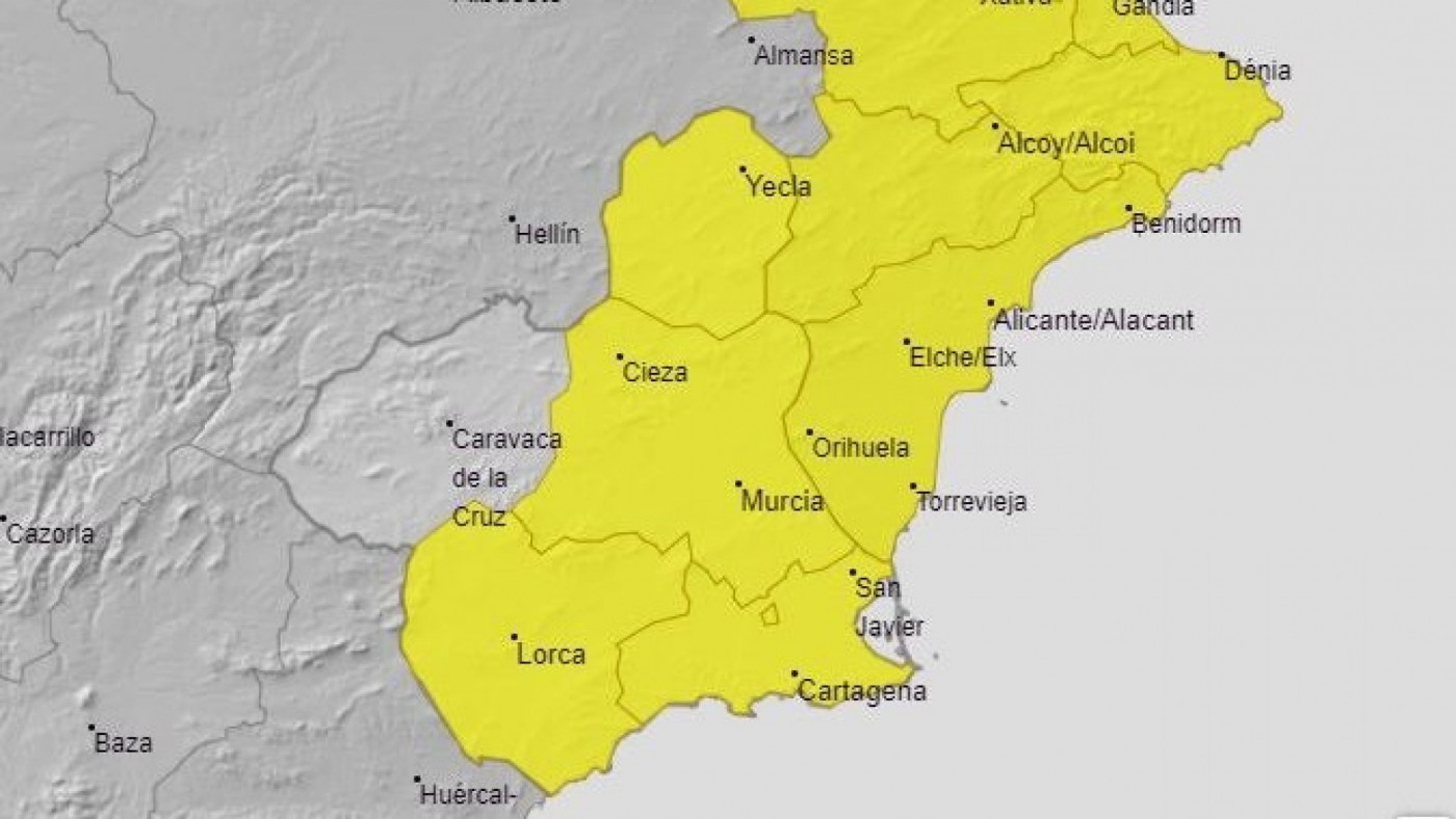 La Región de Murcia estará este lunes en aviso amarillo por lluvias de hasta 20 litros por metro cuadrado en una hora
