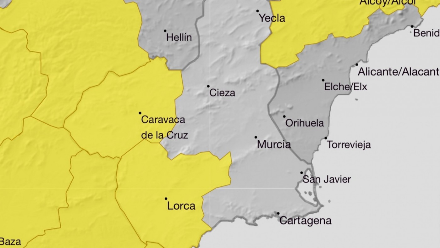 Aviso amarillo por lluvias y tormentas este miércoles en parte de la Región de Murcia