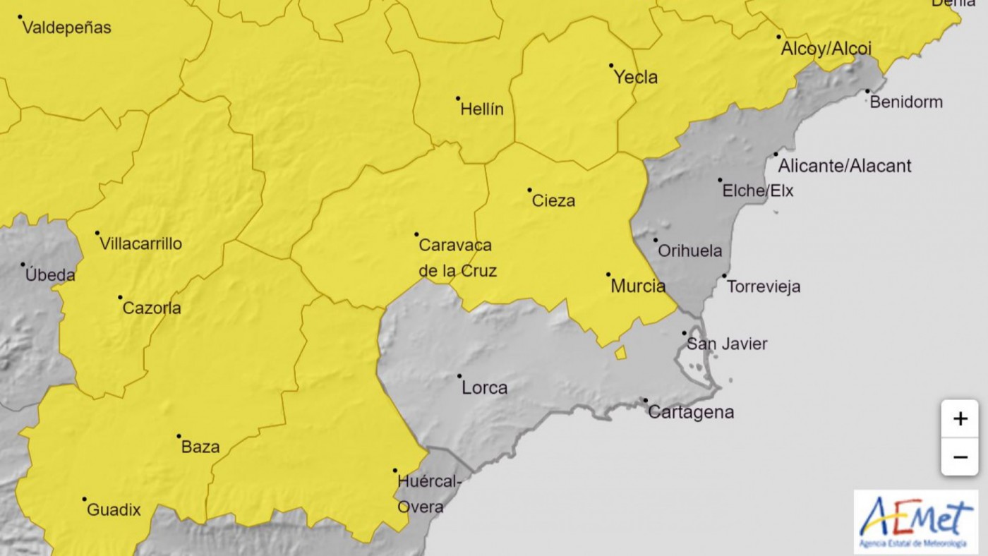 Aviso amarillo por lluvias y tormentas para este miércoles en la Región. AEMET