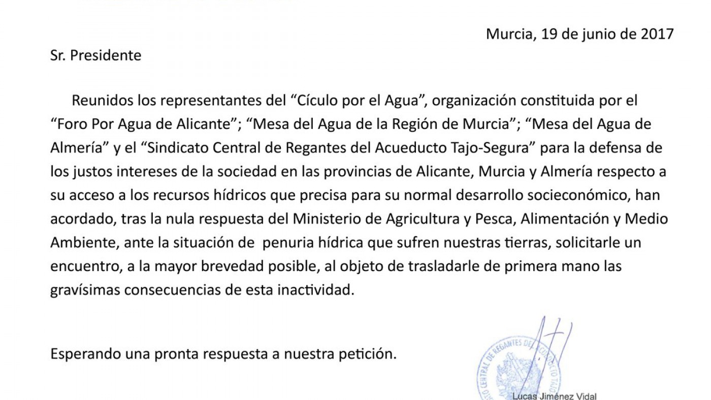 Carta enviada a Rajoy por el Círculo del Agua