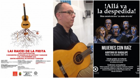 Tomás García y cartel del ciclo 'Las raíces de la fiesta' y de concierto de Mujeres Con Raíz