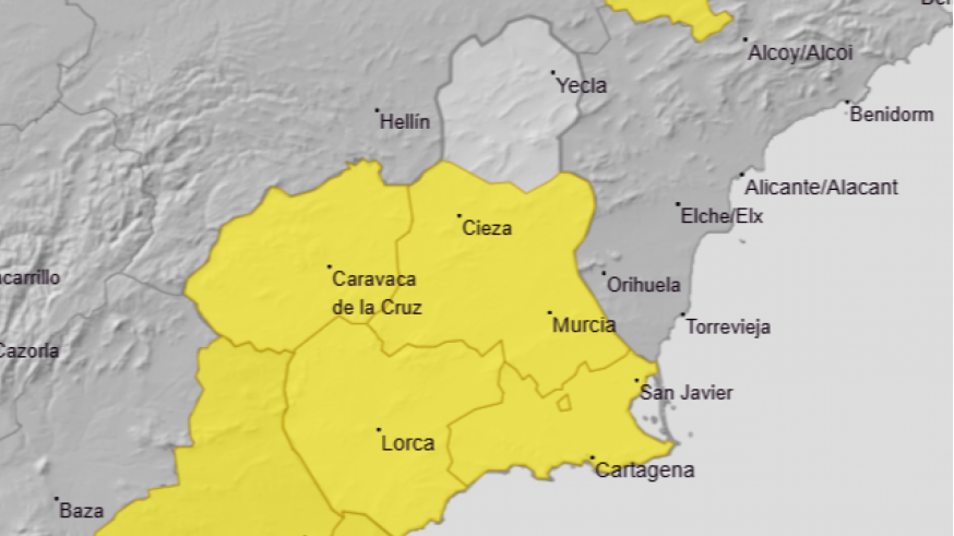 Aviso amarillo por precipitaciones este domingo en casi toda la Región de Murcia