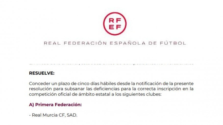 La RFEF sigue sin inscribir al Real Murcia en Primera Federación 