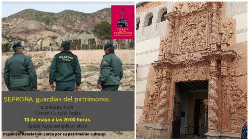 Cartel de la conferencia sobre el Seprona y portada del Palacio de Guevara de Lorca