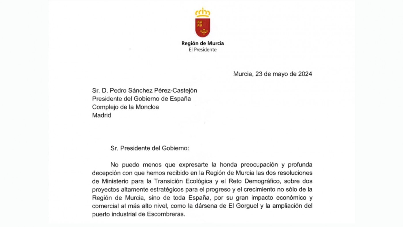 Esta es la carta de López Miras a Sánchez sobre El Gorguel