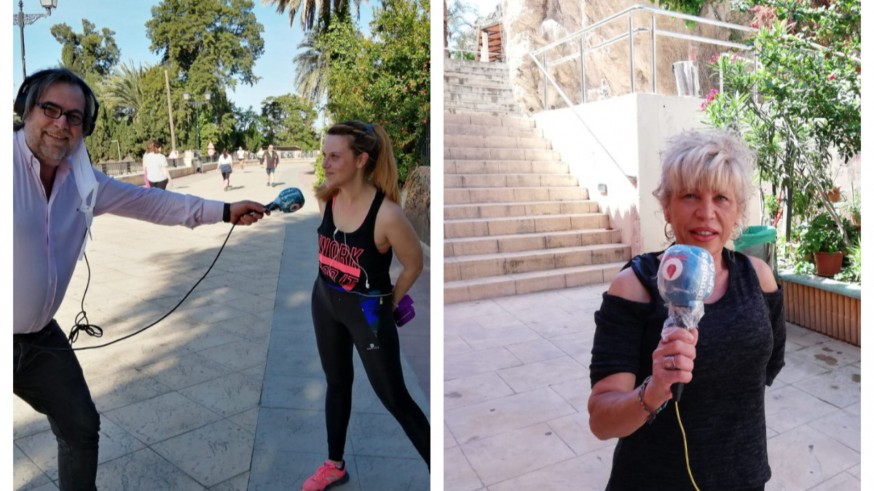Adolfo Fernández entrevistando a una corredora, junto a Marilí, la creadora de los bizcochos borrachos de Ojós