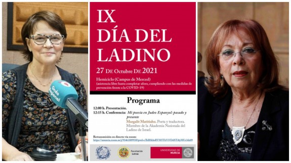 Juana Castaño y Margalit Matitiahu junto al cartel del IX Día del Ladino de la Universidad de Murcia