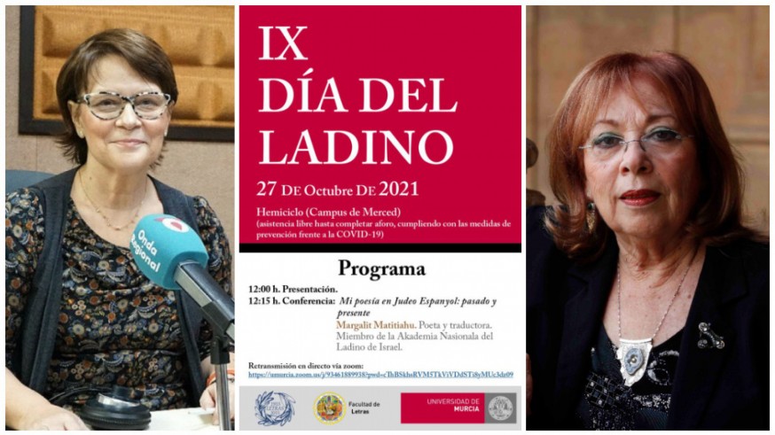 Juana Castaño y Margalit Matitiahu junto al cartel del IX Día del Ladino de la Universidad de Murcia