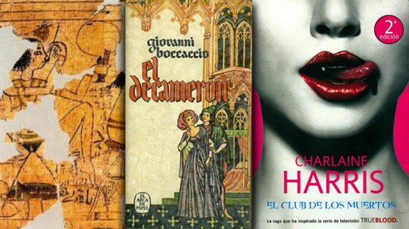 El Papiro de Turín y las portadas de 'El Decamerón' y una de las obras de Charlaine Harris