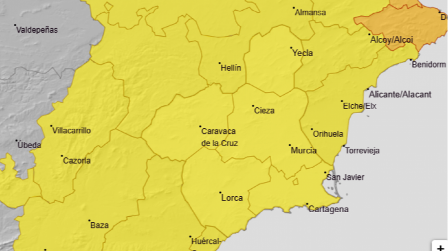 Aviso amarillo por lluvias y tormentas en toda la Región de Murcia este jueves