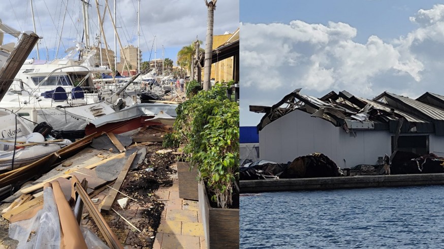La manga marina en Mazarrón deja destrozos en comercios y en la Lonja