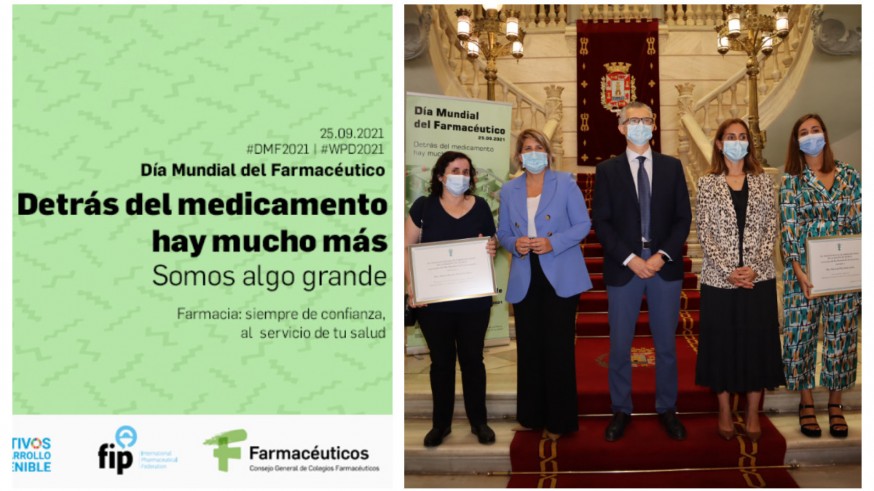 Cartel del Día Mundial del Farmacéutico junto a una imagen del acto institucional en Cartagena 