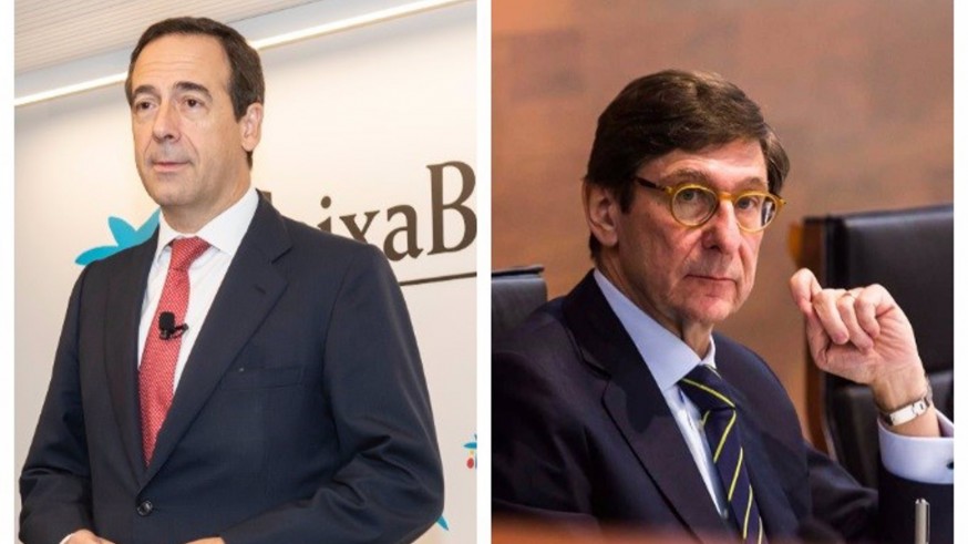 Gonzalo Gortázar, consejero delegado de CaixaBank (izq), y José Ignacio Goirigolzarri, presidente de Bankia 