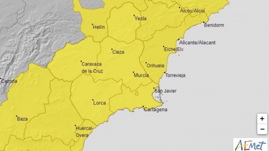 La AEMET amplía el viso amarillo por tormentas a toda la Región
