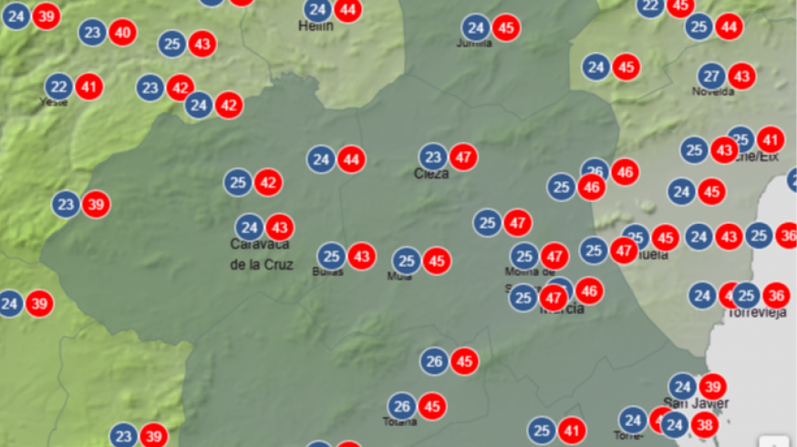 Previsión de 47º de temperatura el jueves 23 de julio en la Región de Murcia