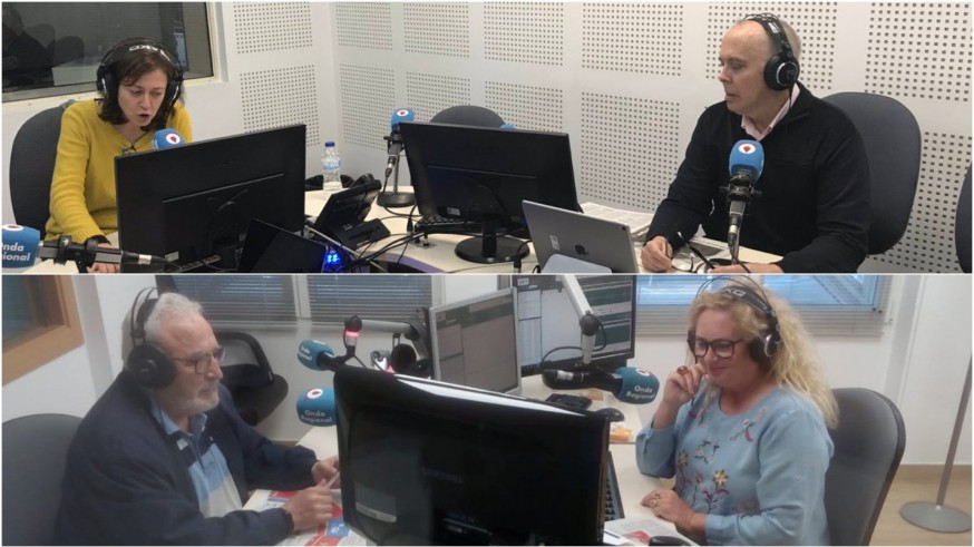 Juancho Sánchez Ocaña en los estudios de Murcia, y Manuel Santiago y Ana Miñarro en los de Cartagena