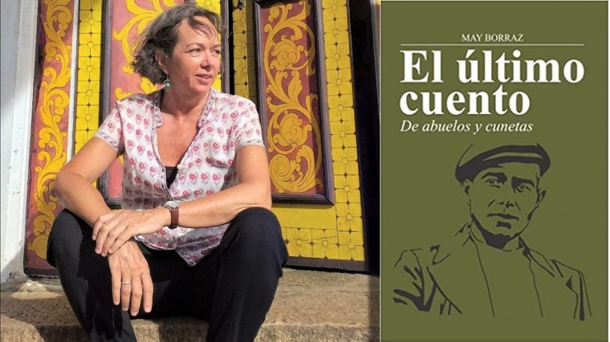 May Borraz y portada de 'El último cuento. De abuelos y cunetas'