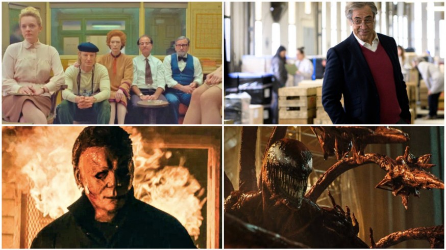 Fotogramas de las películas 'La crónica francesa', 'El buen patrón', 'Halloween kills' y 'Venom: Habrá matanza'