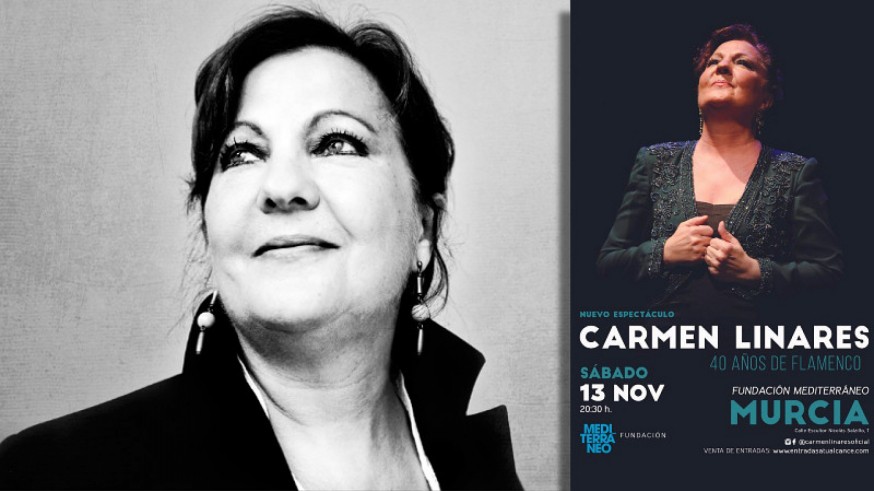 Carmen Linares y cartel de su espectáculo 'Cantaora: 40 años de flamenco' en Murcia