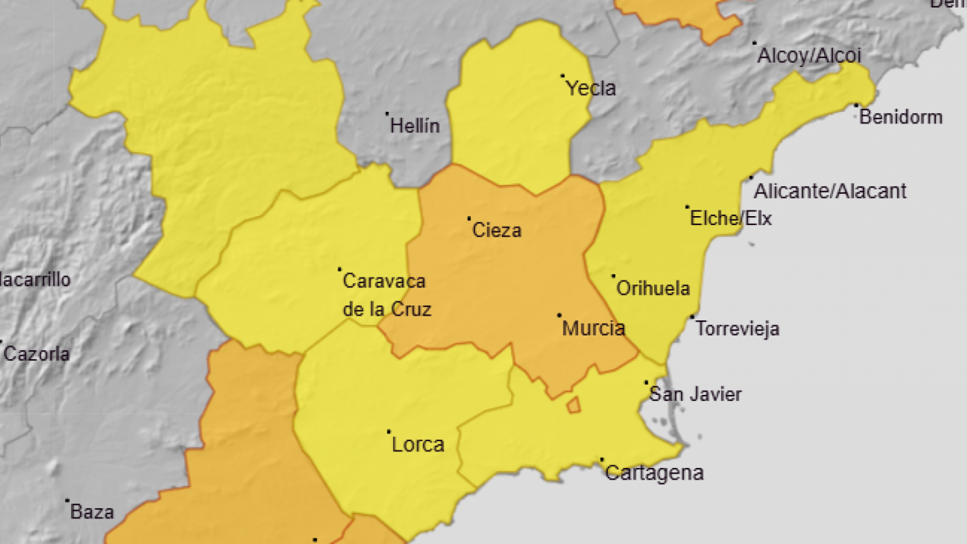 Elevan a naranja el la viso por lluvias en la Vega del Segura y amplían el amarillo al Altiplano