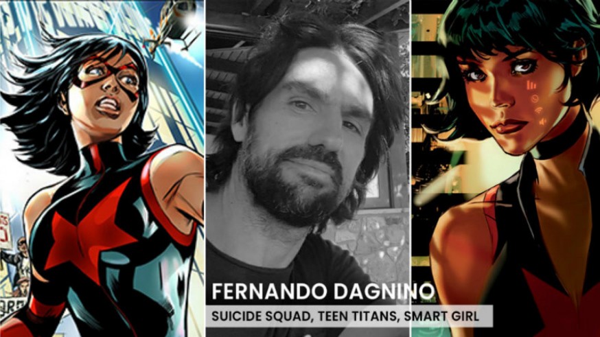 Fernando Dagnino y dos imágenes de su personaje de cómic Smart Girl