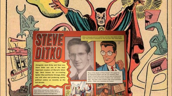 Retrato de Steve Ditko y algunas de sus creaciones