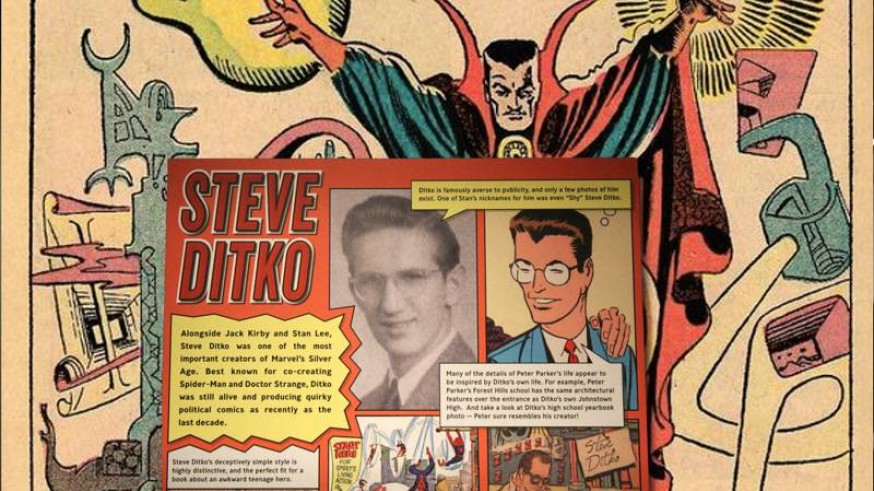 Retrato de Steve Ditko y algunas de sus creaciones