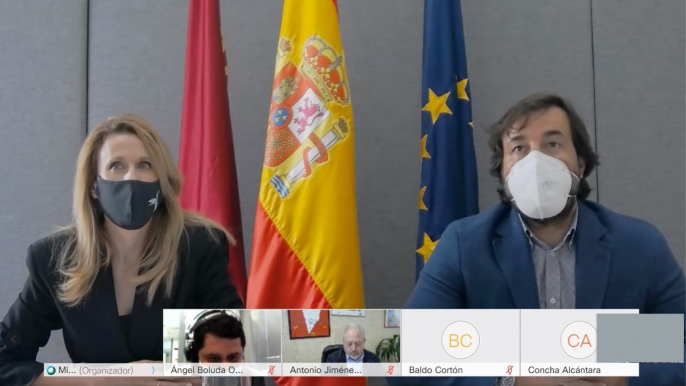 El consejero Motas y la directora general del SEF, Marisa López, presentan las ayudas para compensar los ERTE en videoconferencia. CARM