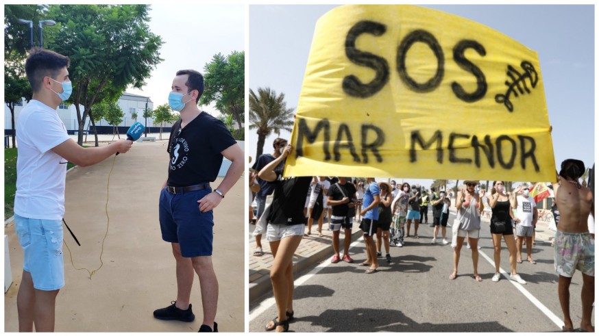 Izquierda: Fran Espín y Joaquín Barradas. Derecha: gente manifestándose en La Manga. FOTOS: ORM y Europa Press