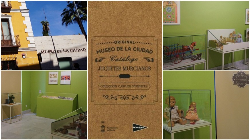 Exterior del Museo de la Ciudad y catálogo y vitrinas de la exposición de juguetes murcianos