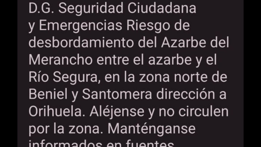 Envían un Es-Alert a la población de Beniel ante el riesgo de desbordamiento del Azarbe del Merancho