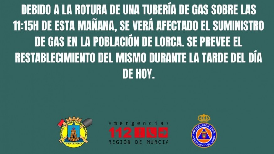 Lorca y varias pedanías permanecen sin suministro de gas por rotura de tubería