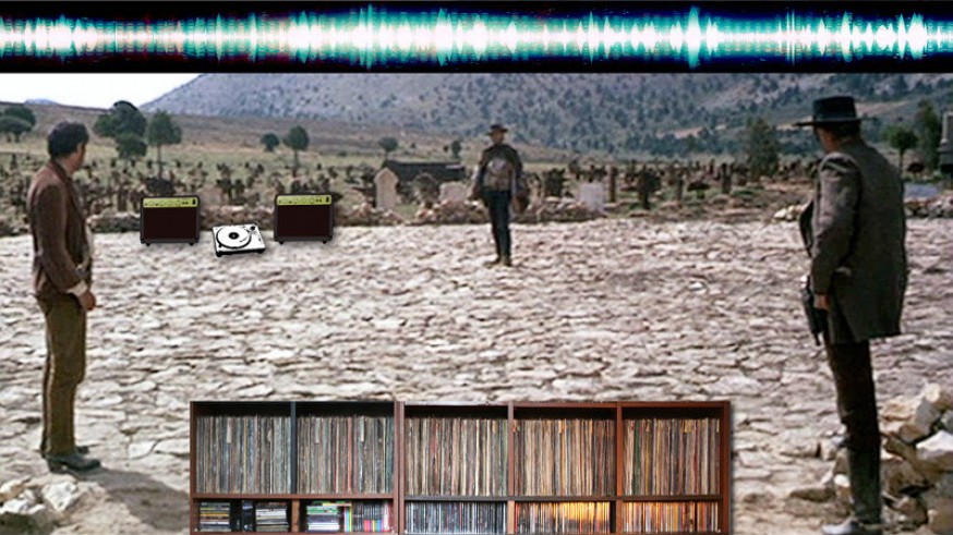 Fotograma de la película El bueno, el feo y el malo, onda de sonido y discos