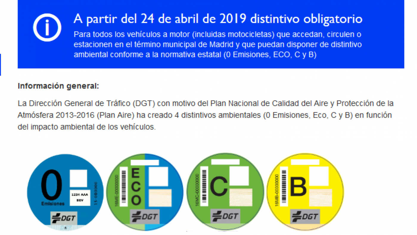 Los distintivos ambientales de la DGT en los vehículos serán obligatorios  en Madrid a partir de este miércoles