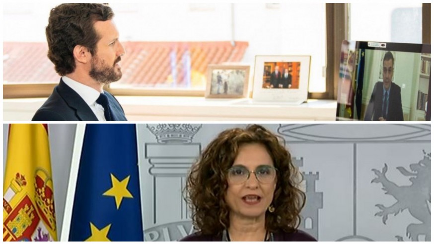 Casado, en videoconferencia con Sánchez, y Montero en rueda de prensa. PP/Web Moncloa
