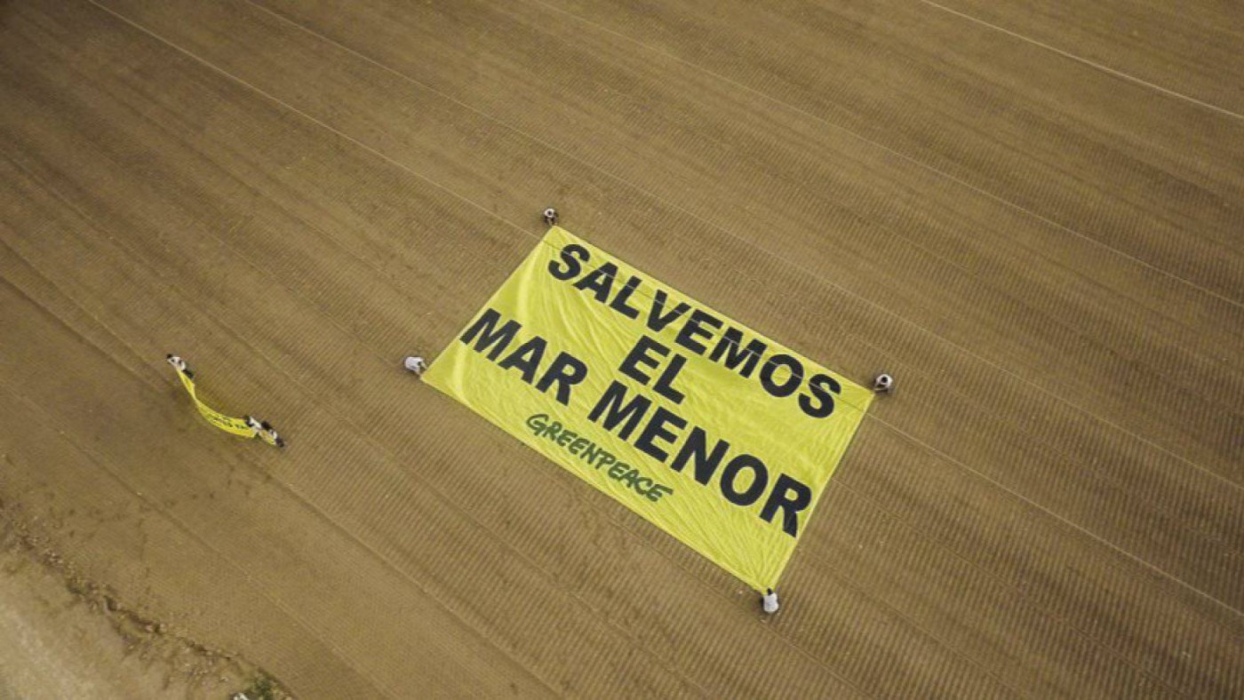 Pancarta que desplegó Greenpeace en una explotación agraria en el campo de Cartagena