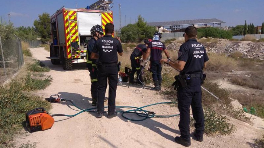 Bomberos rescatando a los cachorros de una tubería en Alguazas