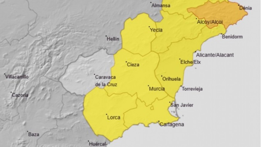La AEMET activa un aviso amarillo el miércoles en casi toda la Región