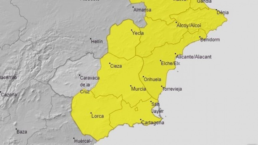 La Región de Murcia estará este lunes en aviso amarillo por lluvias de hasta 20 litros por metro cuadrado en una hora