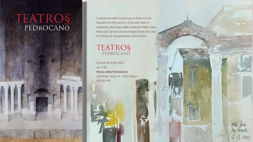 Cartel e invitación de la exposición 'Teatros' de Pedro Cano en Milán