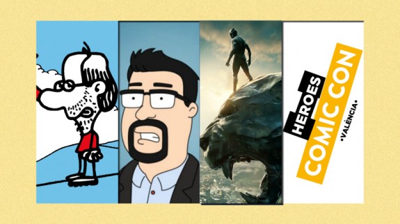 Caricaturas de Forges y El Torres, Black Panther y logo Heroes Comic Con Valencia