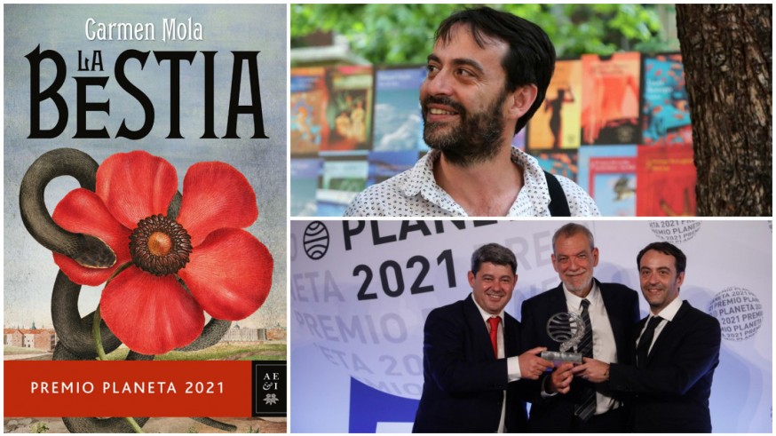 Portada de 'La bestia', Agustín Martínez y componentes de Carmen Mola en los Premios Planeta