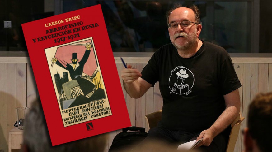 Fotografía de Carlos Taibo y portada de su libro 'Anarquismo y revolución en Rusia 1917-1921'