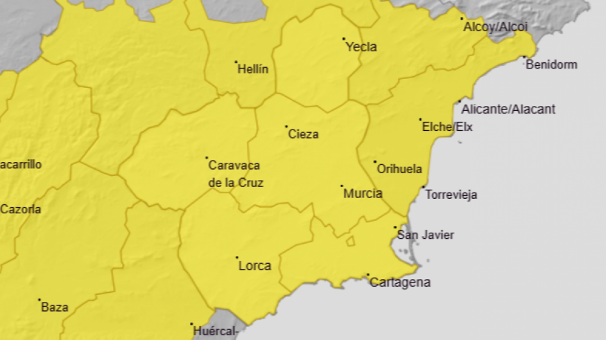 Aviso amarillo por lluvias de hasta 15 litros por metro cuadrado en la Región de Murcia 
