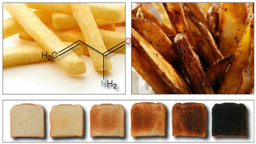 Patatas fritas, pan tostado y estructura de la acrilamida