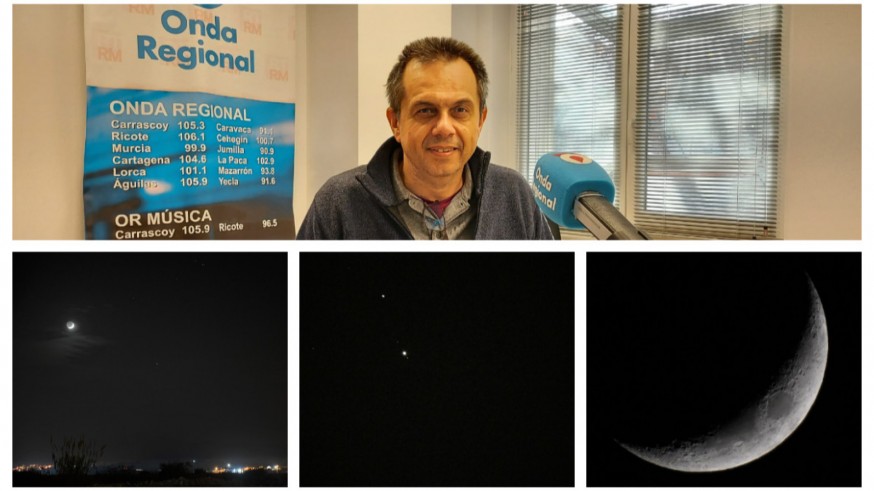Juan Pedro Gómez junto a varias imágenes que ha tomado esta semana de la conjunción de Júpiter y Saturno