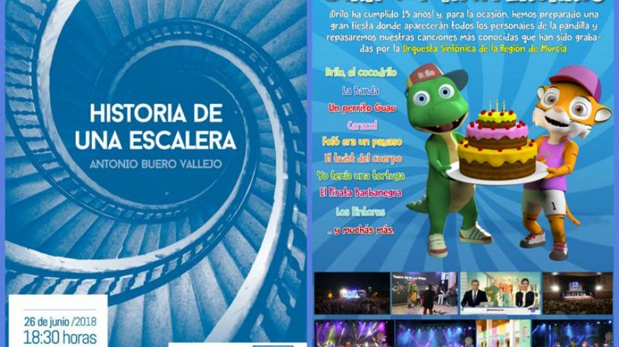 Los carteles promocionales de la Escuela Municipal de Teatro de Cartagena y de la gira del 15º aniversario de Drilo El Cocodrilo.