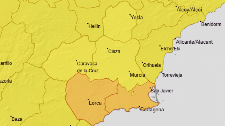 Activos avisos naranja en Campo de Cartagena y Guadalentín y amarillo en el resto por lluvias y tormentas