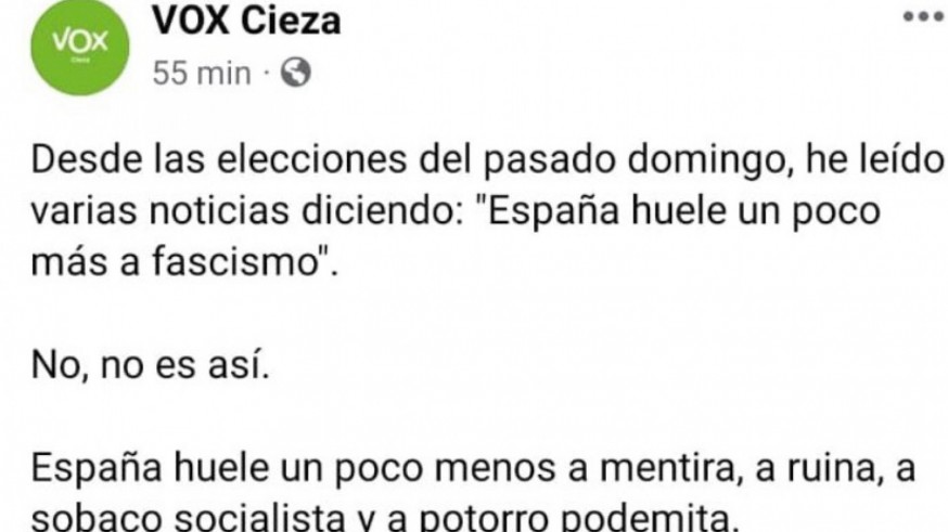 Denuncian como posible delito de odio un mensaje en redes de Vox en Cieza