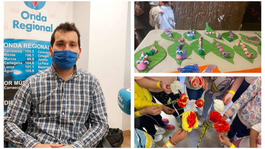 Víctor Navarro junto a dos imágenes de las manualidades realizadas por los niños del Taller de Primavera en Terra Natura
